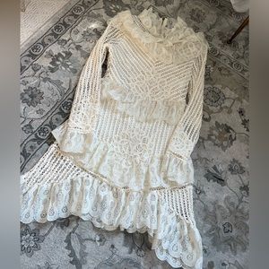 Self-Portrait Cream Lace Ruffle Long-Sleeve Midi Dress